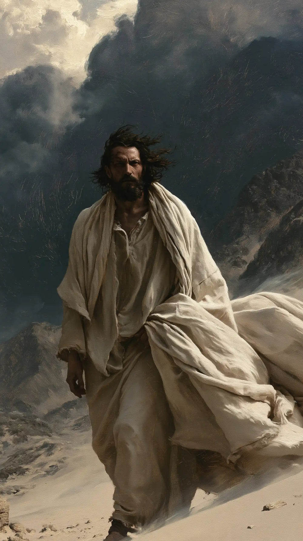 Jesus confronting an inner spiritual struggle in the desert in The Inner Struggle style, portrait Christian artwork no. 7