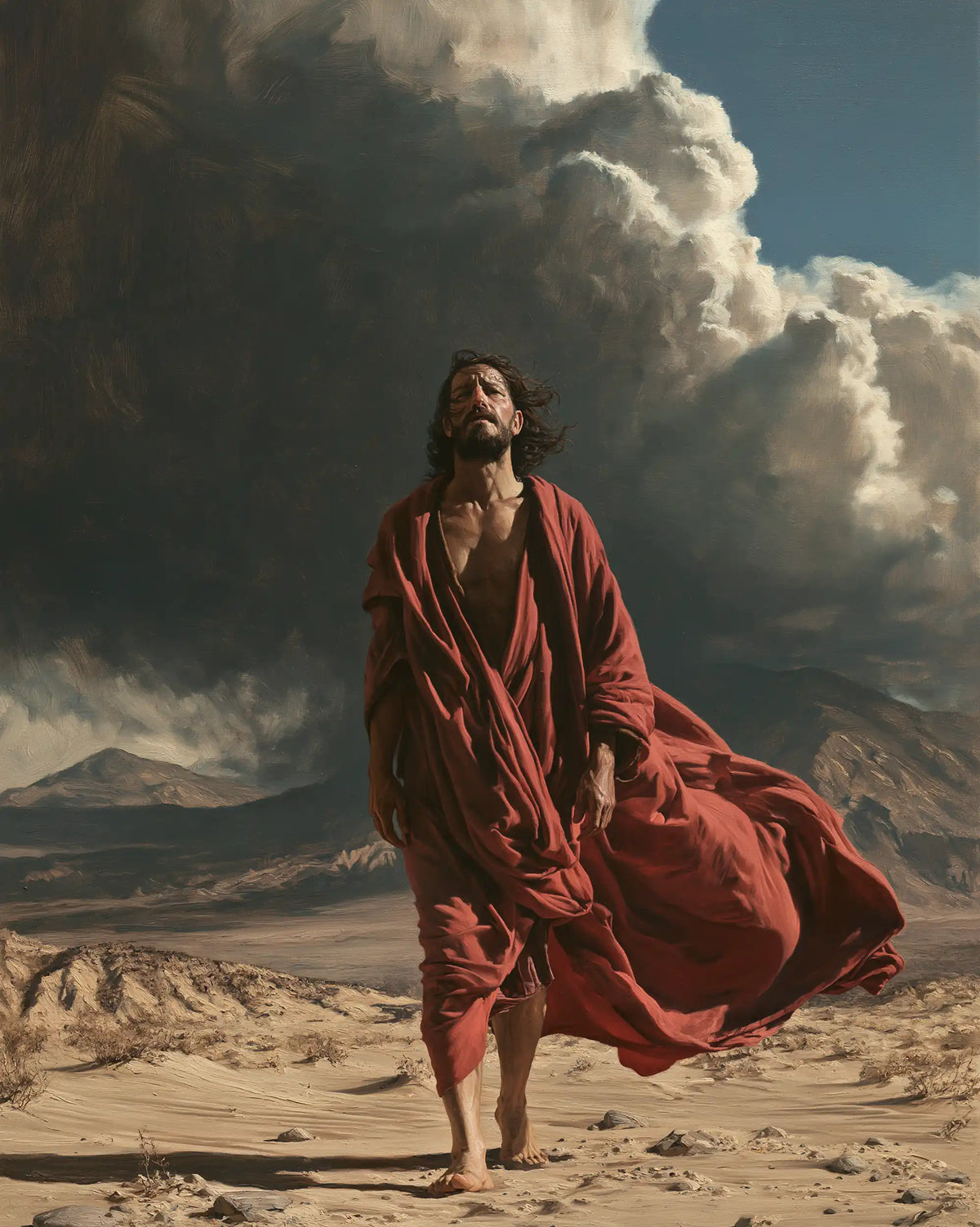 Jesus in the Desert — Red beneath the Immensity of Clouds