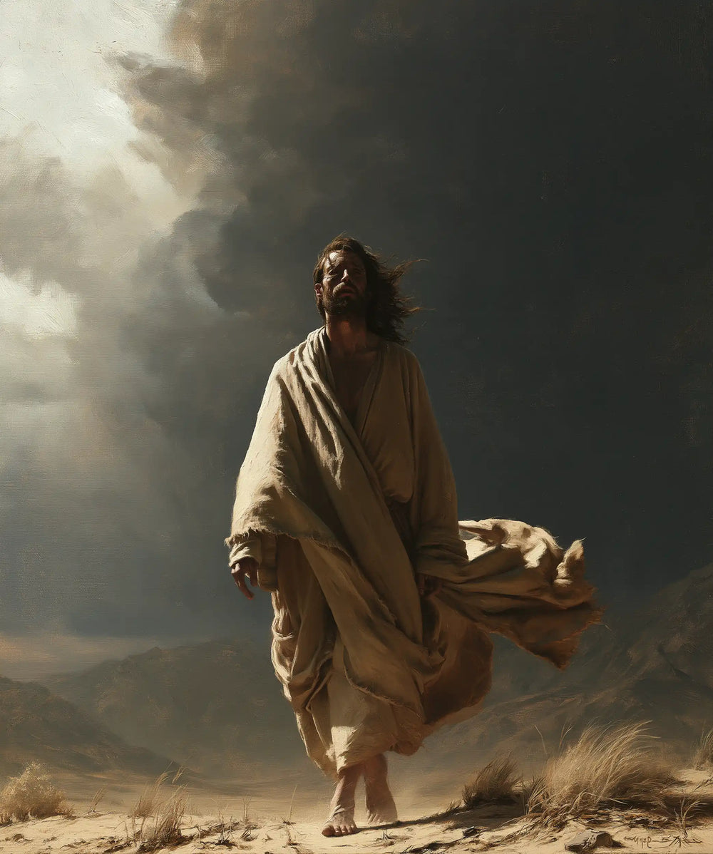 Jesus confronting an inner spiritual struggle in the desert in The Inner Struggle style, portrait Christian artwork no. 41
