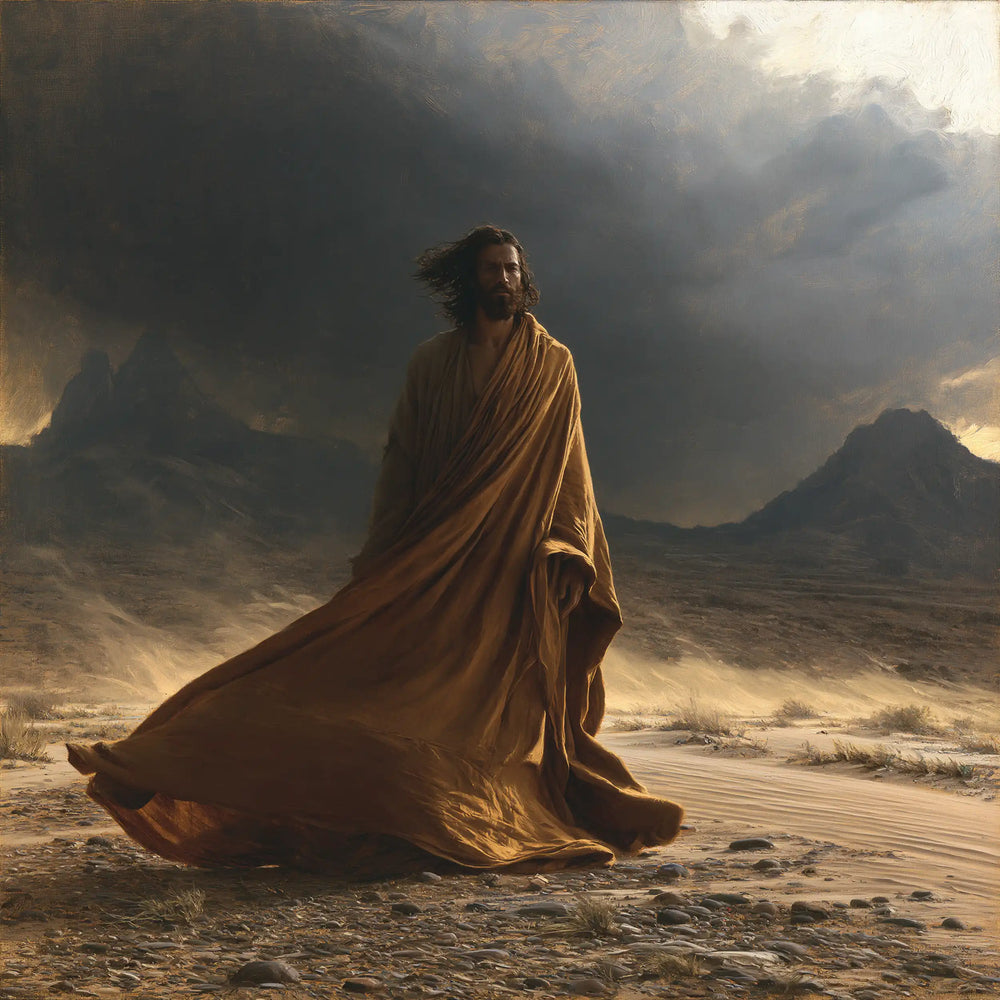 Jesus confronting an inner spiritual struggle in the desert in The Inner Struggle style, square Christian artwork no. 2