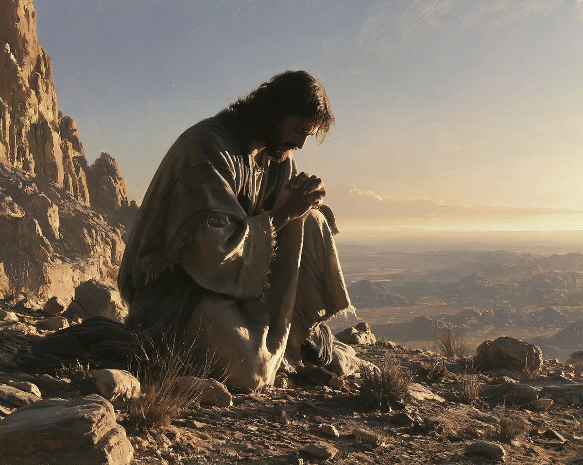 Jesus praying alone in the desert in Jesus in Prayer style, landscape Christian artwork no. 6