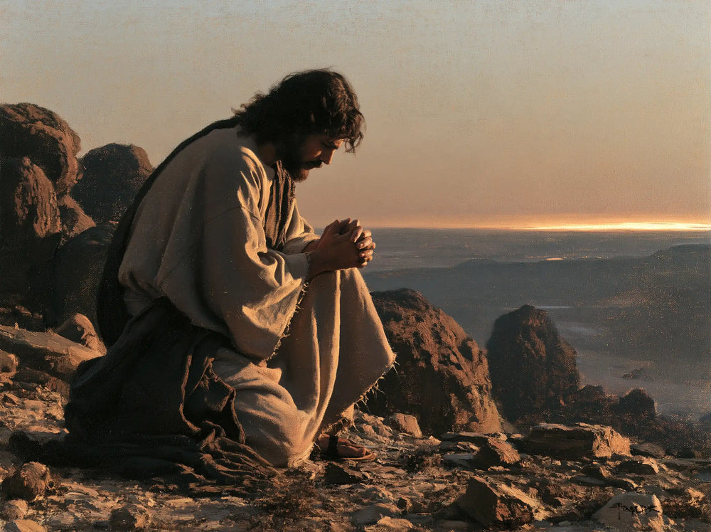 Jesus praying alone in the desert in Jesus in Prayer style, landscape Christian artwork no. 10