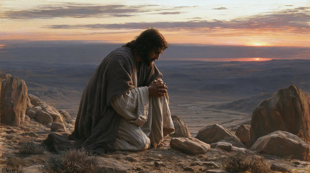 Jesus praying alone in the desert in Jesus in Prayer style, landscape Christian artwork no. 17