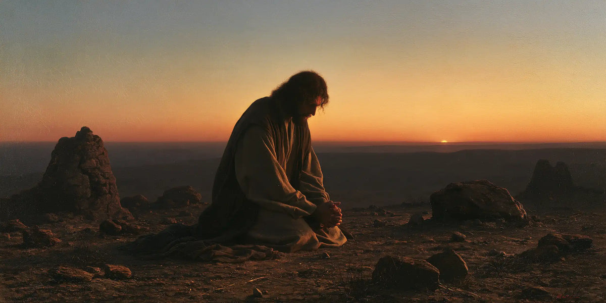 Jesus praying alone in the desert in Jesus in Prayer style, landscape Christian artwork no. 23