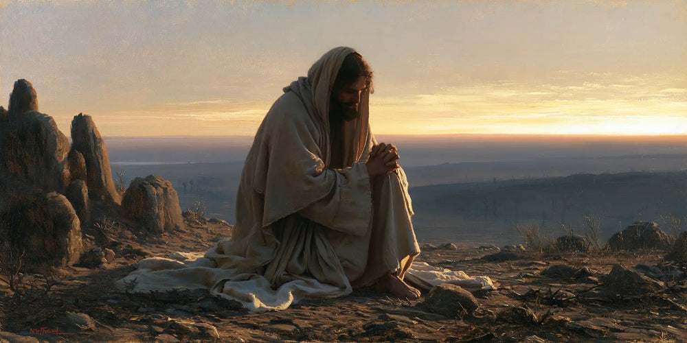 Jesus praying alone in the desert in Jesus in Prayer style, landscape Christian artwork no. 24