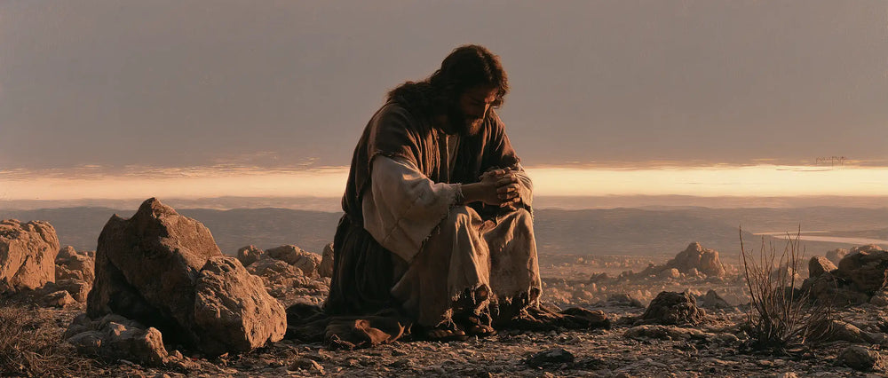 Jesus praying alone in the desert in Jesus in Prayer style, landscape Christian artwork no. 25