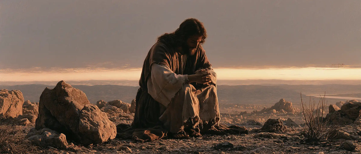 Jesus praying alone in the desert in Jesus in Prayer style, landscape Christian artwork no. 25
