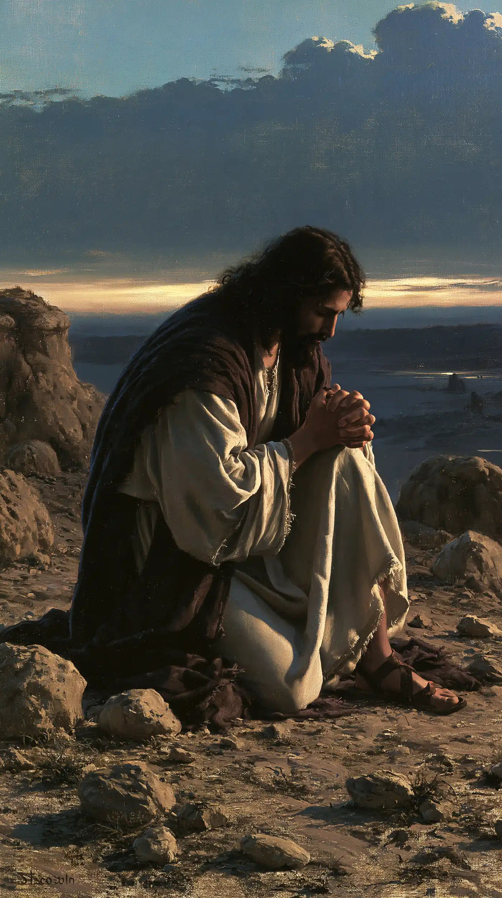 Jesus praying alone in the desert in Jesus in Prayer style, portrait Christian artwork no. 3