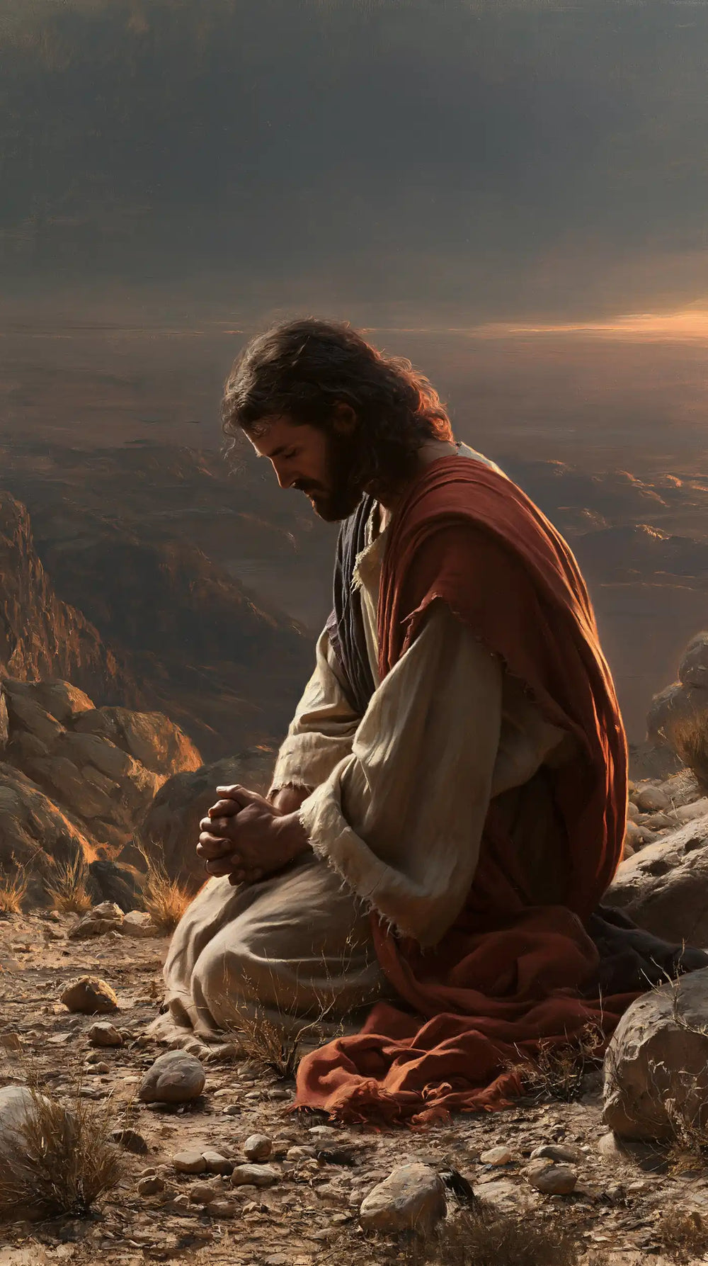 Jesus praying alone in the desert in Jesus in Prayer style, portrait Christian artwork no. 19