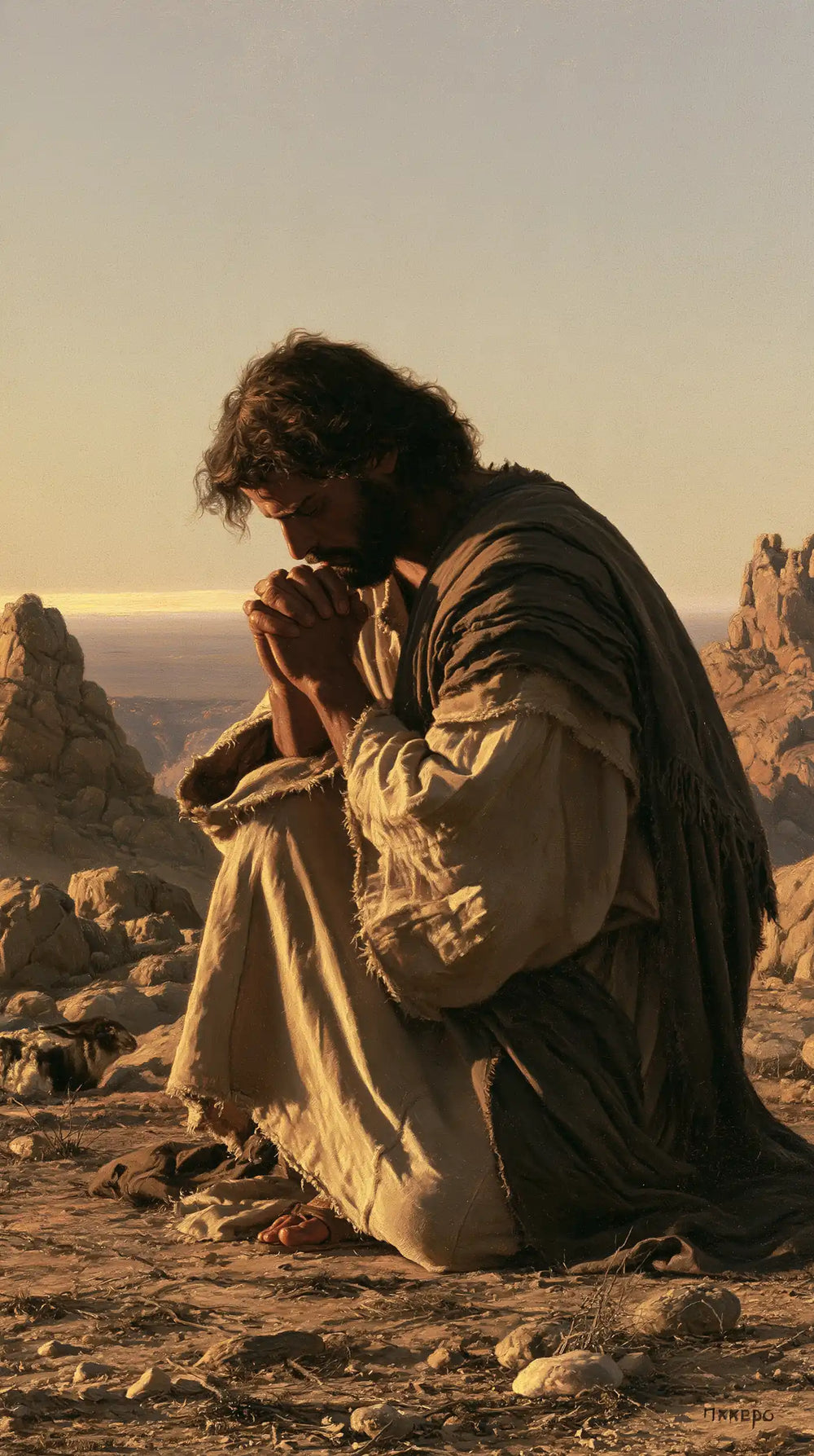 Jesus praying alone in the desert in Jesus in Prayer style, portrait Christian artwork no. 21