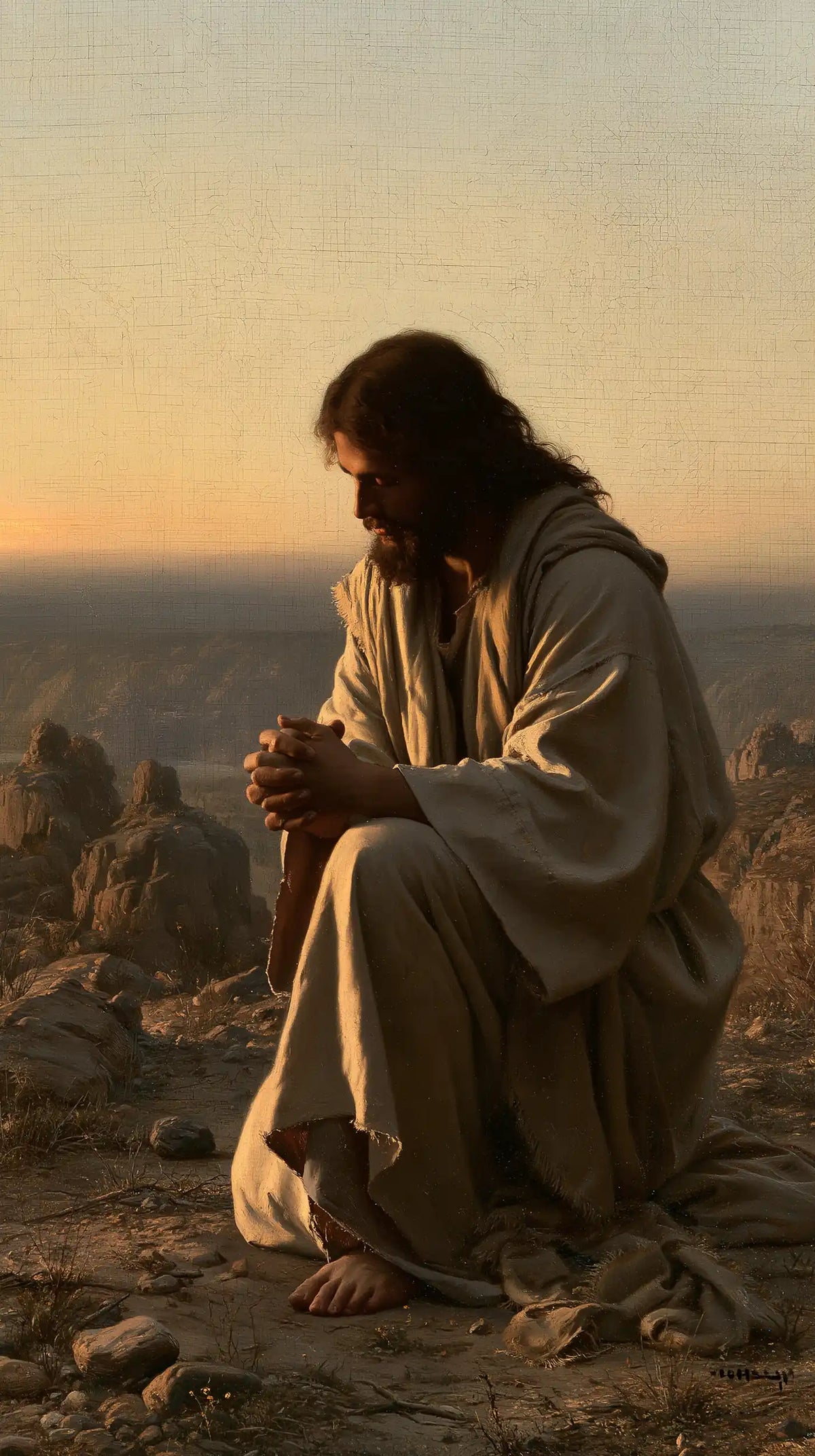 Jesus praying alone in the desert in Jesus in Prayer style, portrait Christian artwork no. 22
