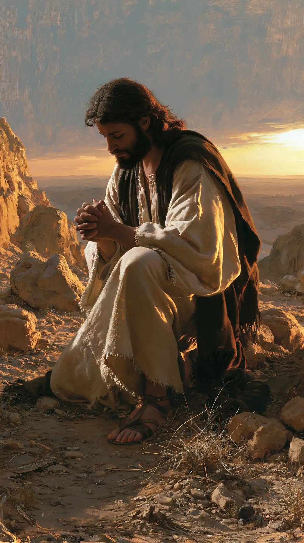Jesus praying alone in the desert in Jesus in Prayer style, portrait Christian artwork no. 23
