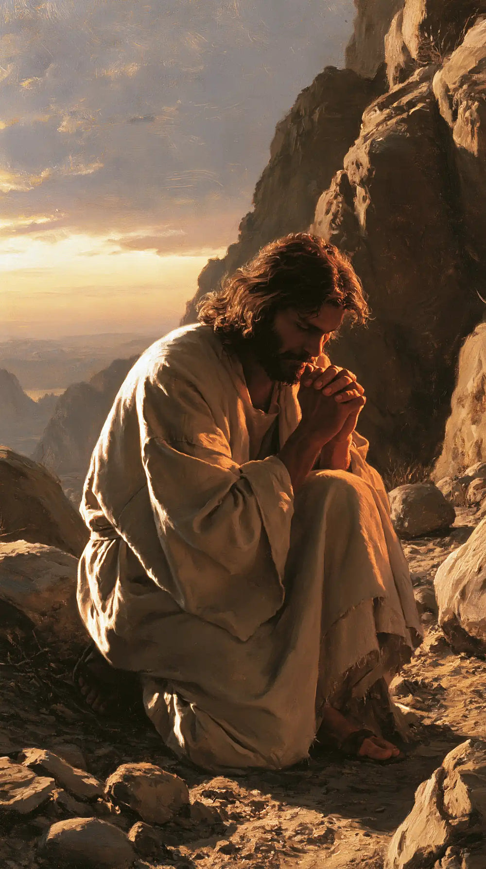 Jesus praying alone in the desert in Jesus in Prayer style, portrait Christian artwork no. 24