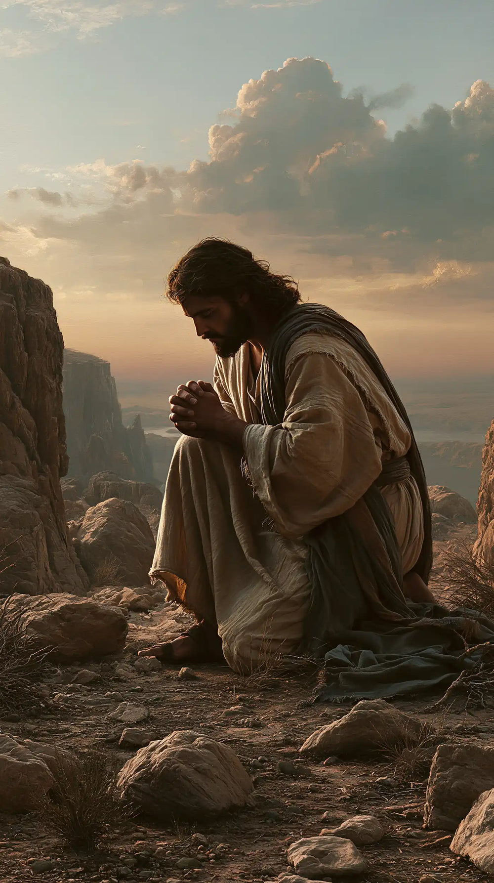Jesus praying alone in the desert in Jesus in Prayer style, portrait Christian artwork no. 28