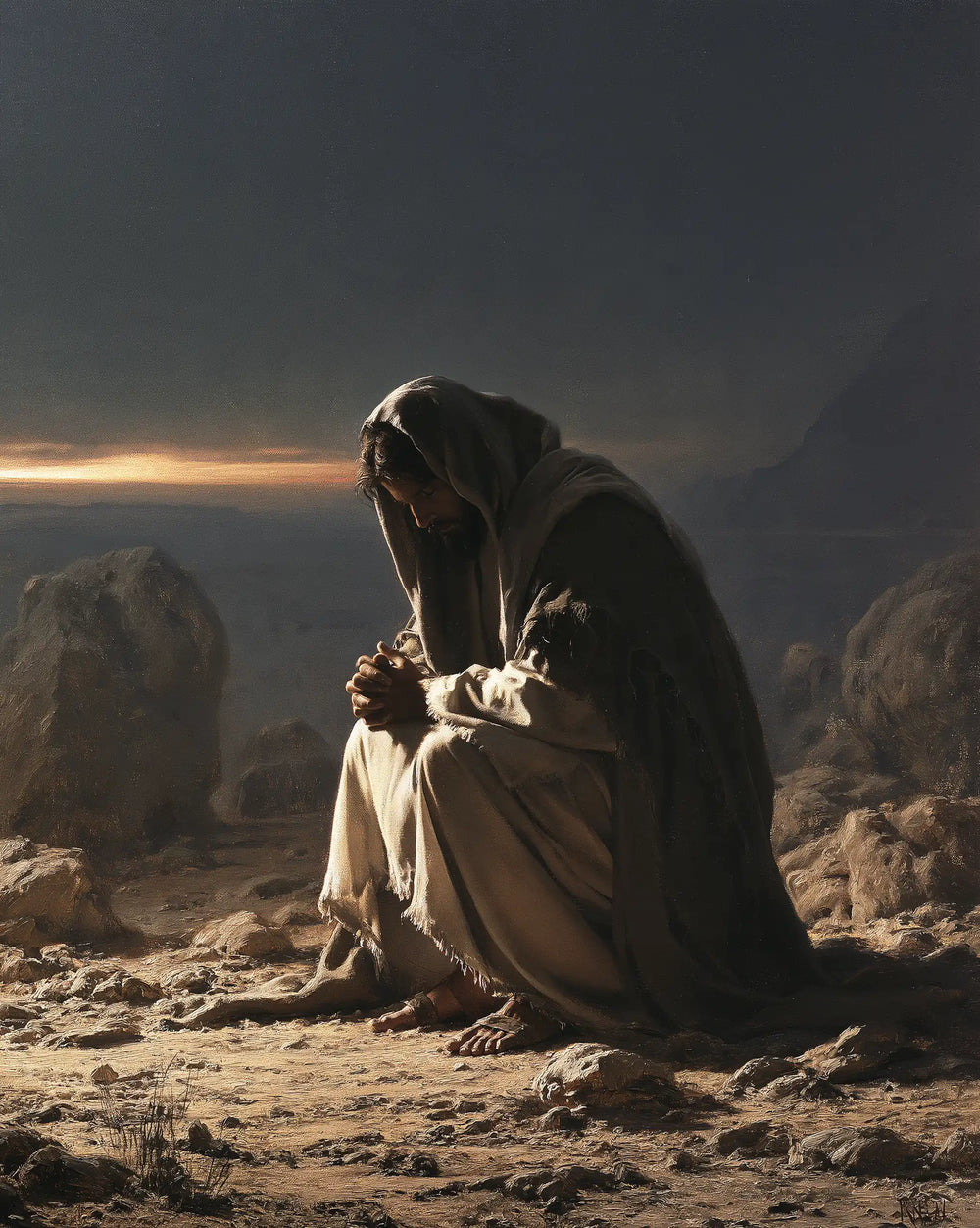 Jesus praying alone in the desert in Jesus in Prayer style, portrait Christian artwork no. 41