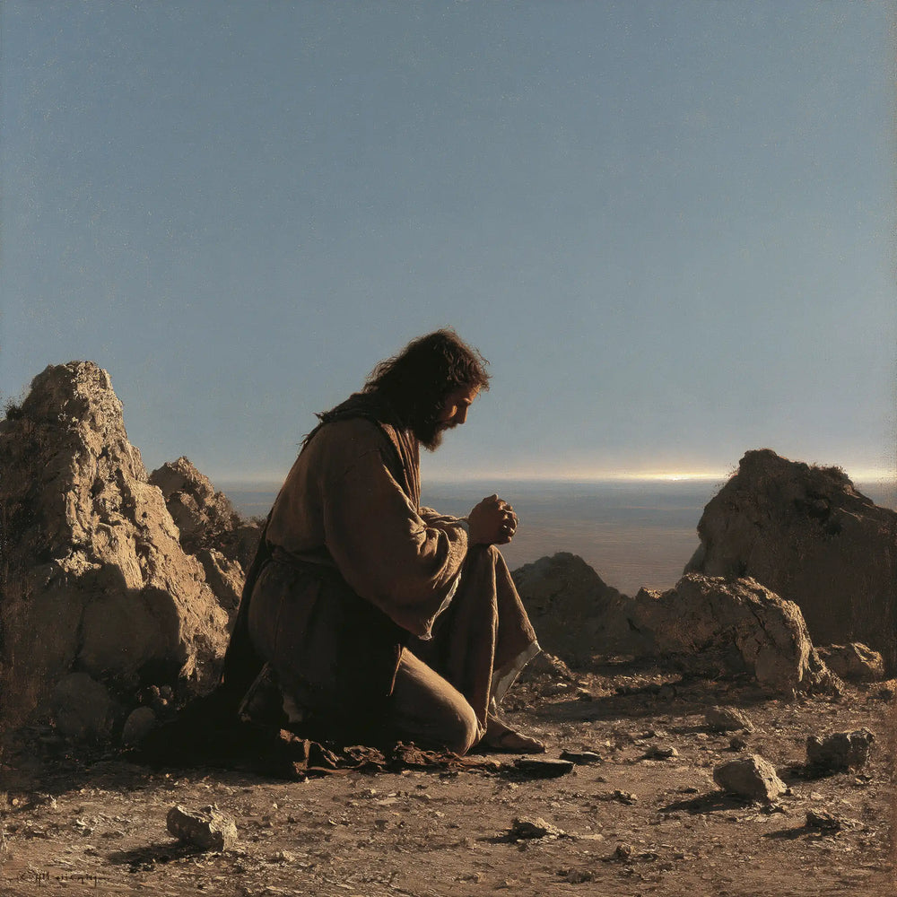 Jesus praying alone in the desert in Jesus in Prayer style, square Christian artwork no. 3