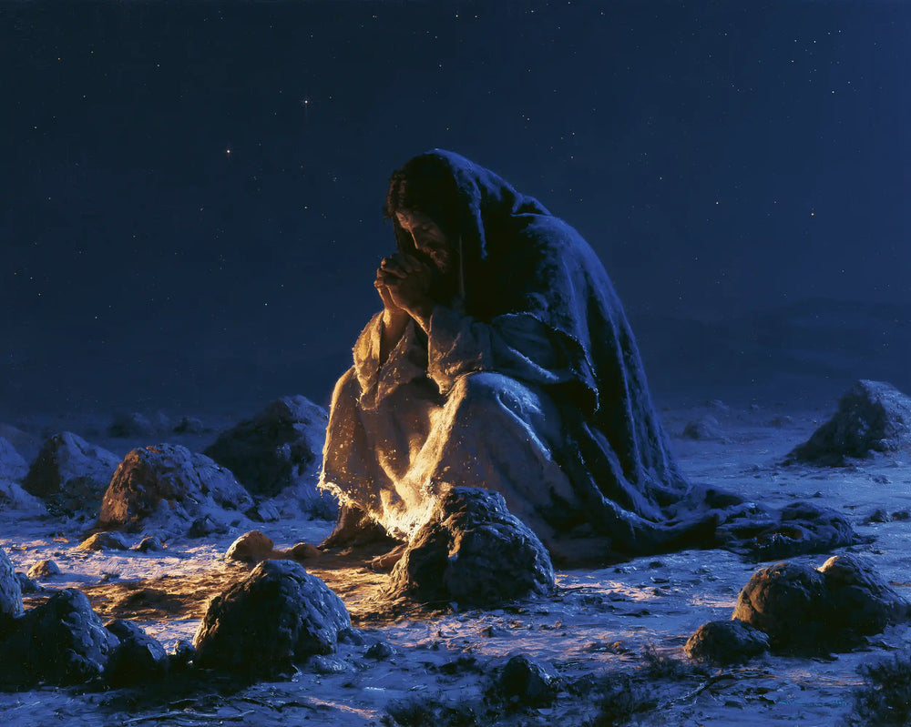 Jesus in the desert during the temptation in Midnight Blue Chiaroscuro style, landscape Christian artwork no. 8