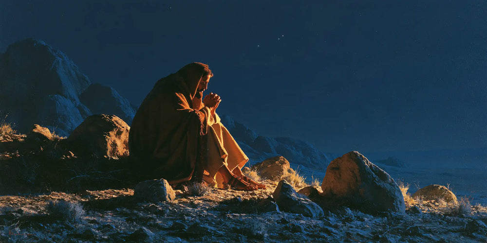 Jesus in the desert during the temptation in Midnight Blue Chiaroscuro style, landscape Christian artwork no. 17