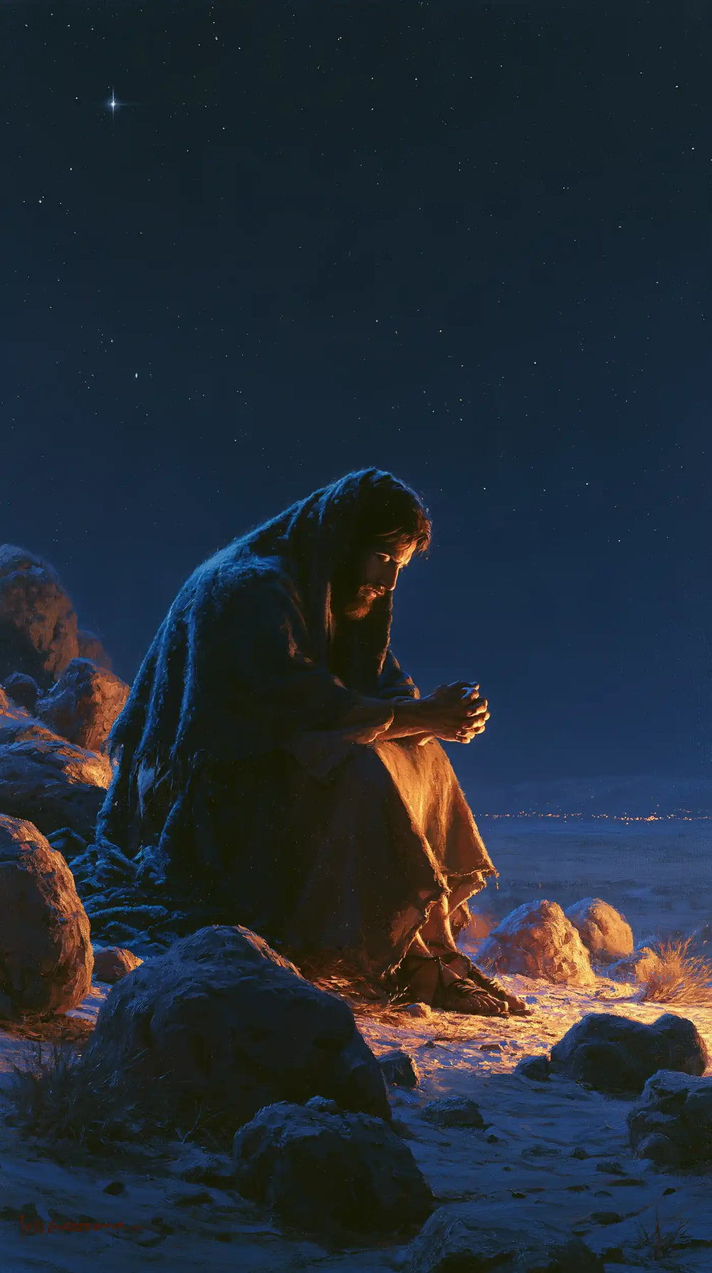 Jesus in the desert during the temptation in Midnight Blue Chiaroscuro style, portrait Christian artwork no. 4