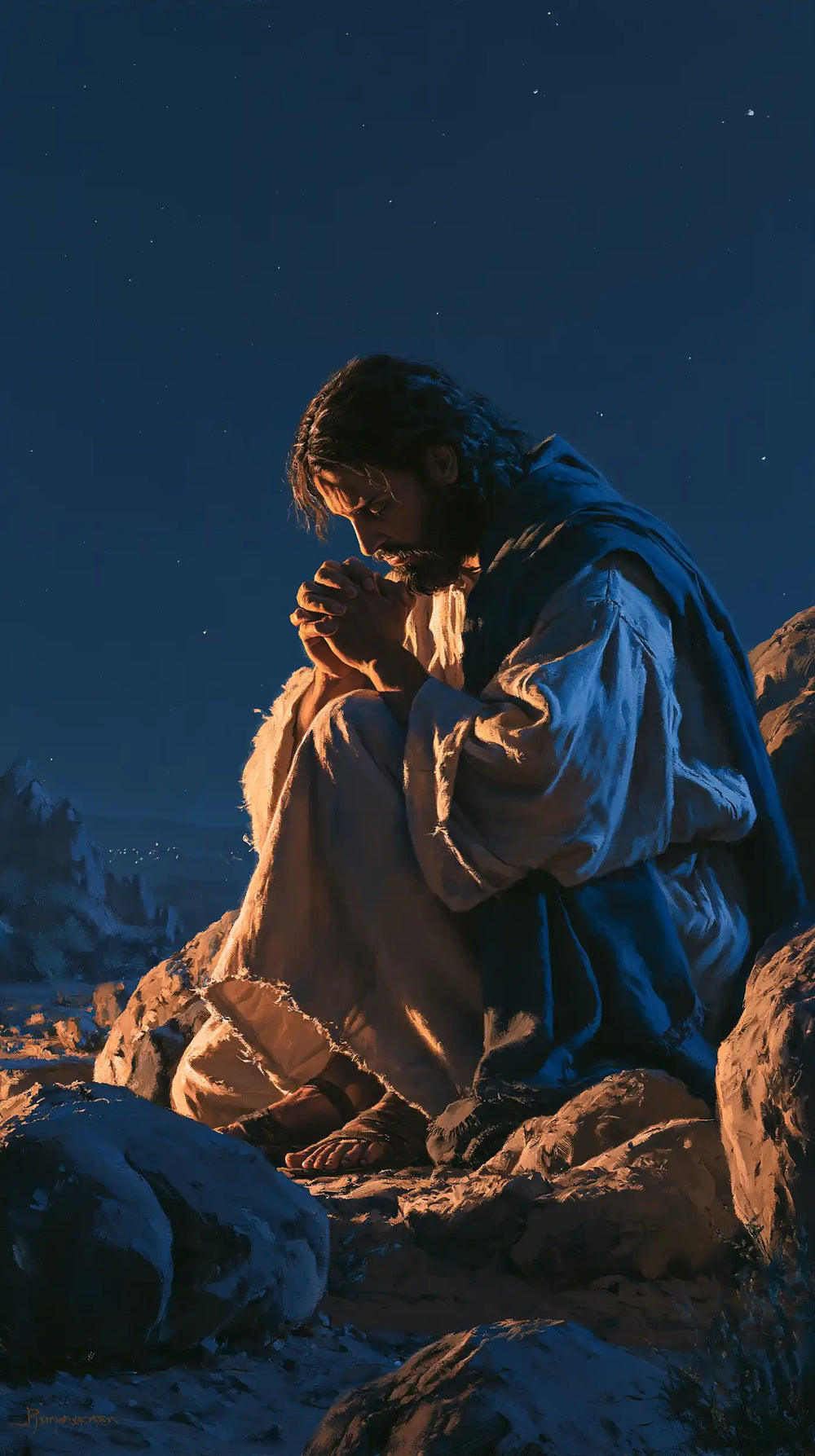 Jesus in the desert during the temptation in Midnight Blue Chiaroscuro style, portrait Christian artwork no. 8