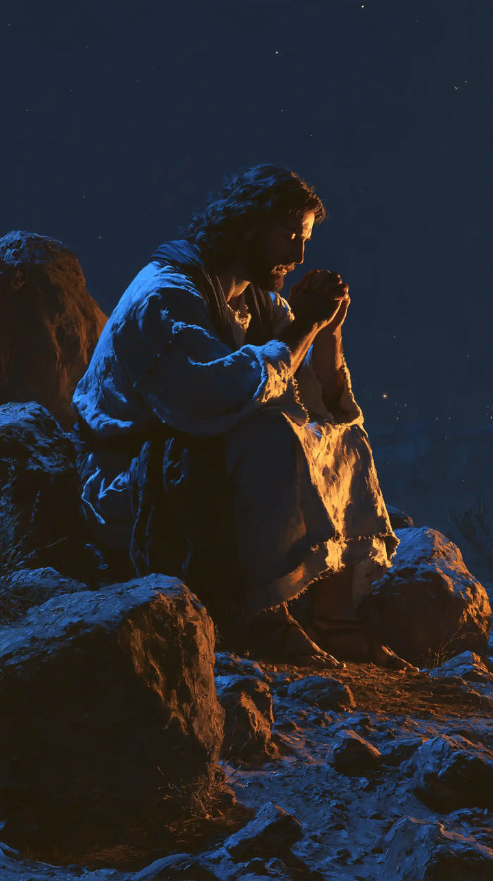 Jesus in the Desert — Hands Raised above the Stones