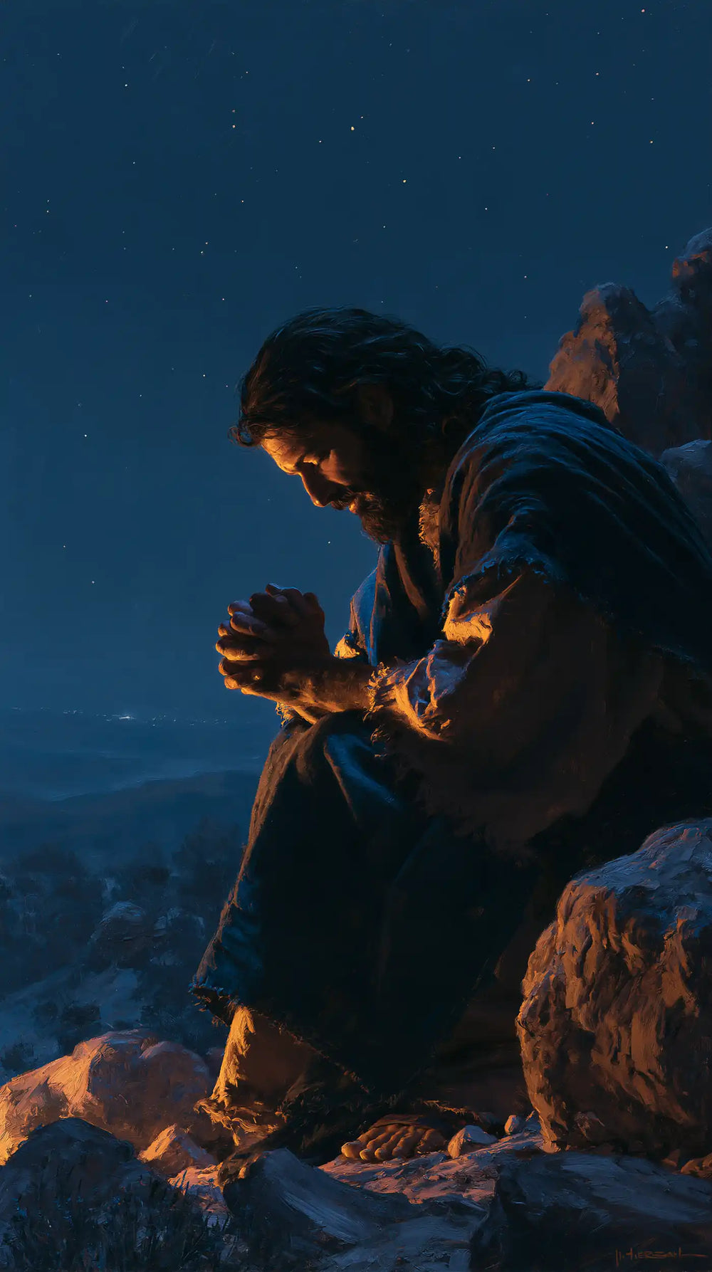 Jesus in the desert during the temptation in Midnight Blue Chiaroscuro style, portrait Christian artwork no. 16