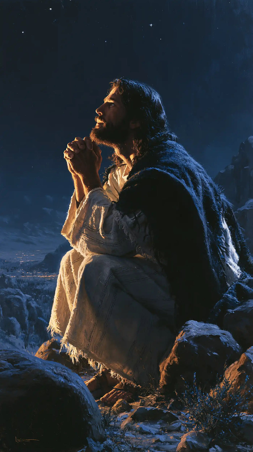 Jesus in the desert during the temptation in Midnight Blue Chiaroscuro style, portrait Christian artwork no. 19