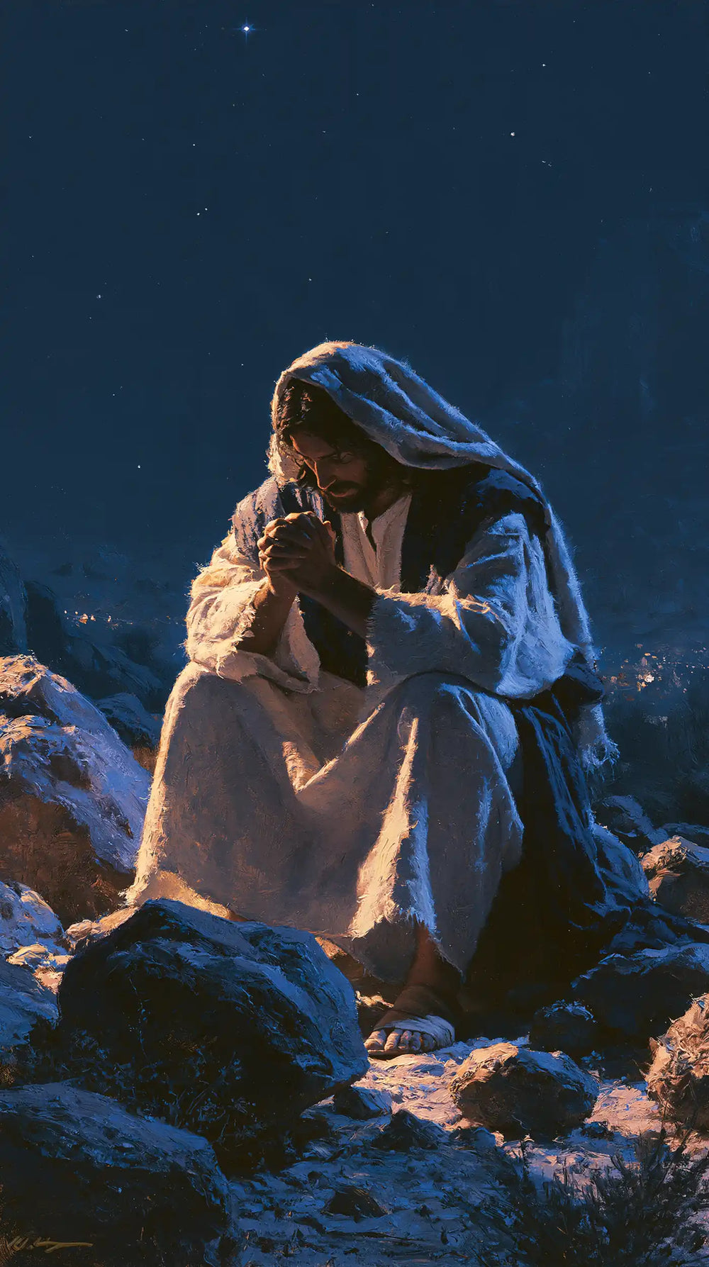 Jesus in the desert during the temptation in Midnight Blue Chiaroscuro style, portrait Christian artwork no. 21