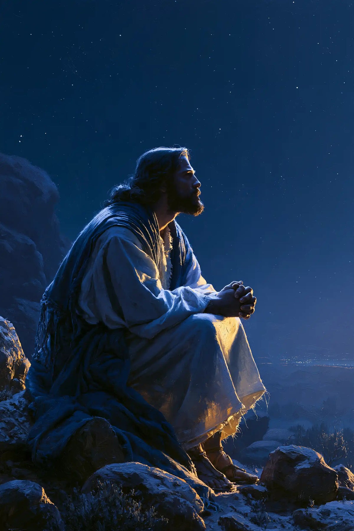 Jesus in the desert during the temptation in Midnight Blue Chiaroscuro style, portrait Christian artwork no. 31