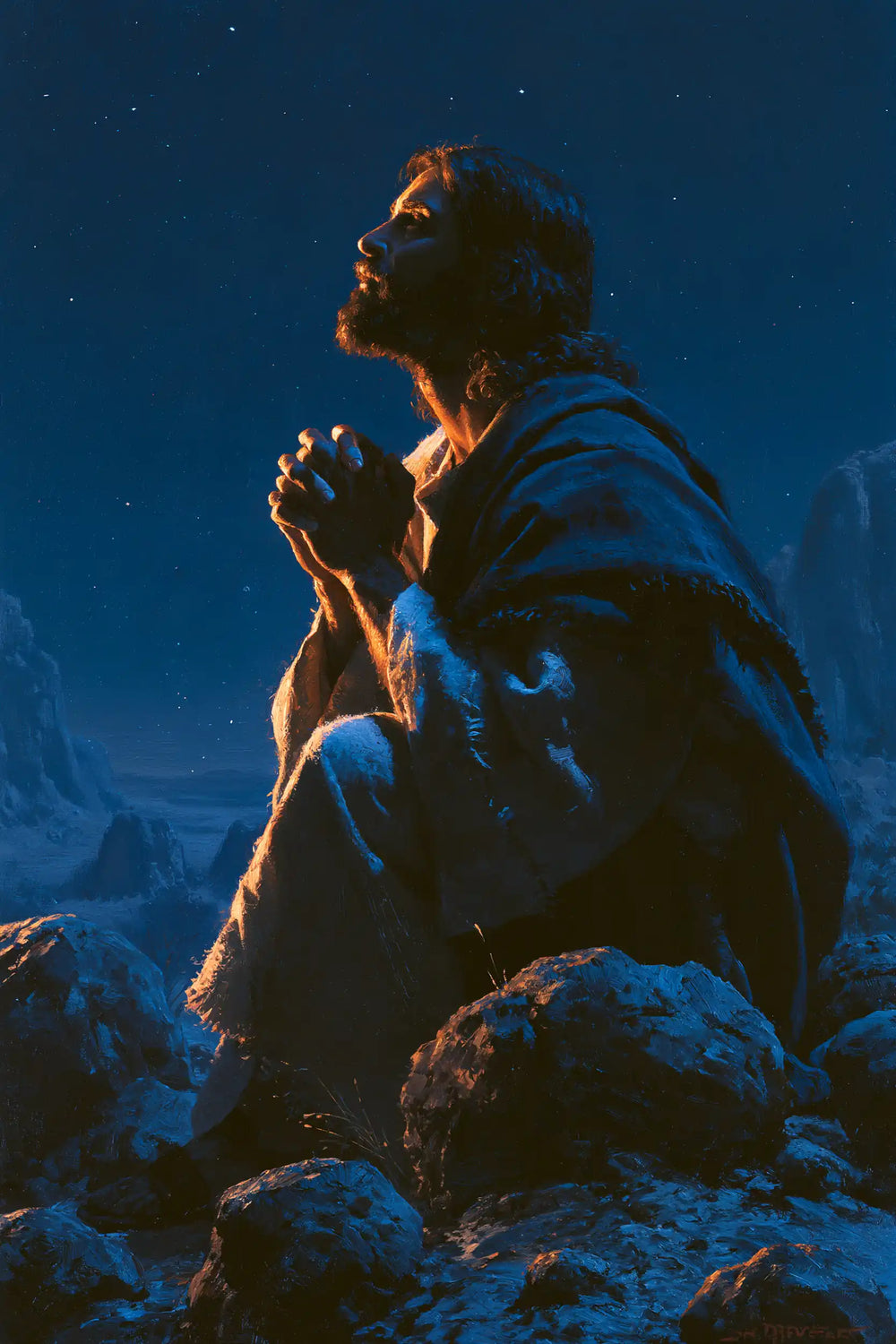 Jesus in the desert during the temptation in Midnight Blue Chiaroscuro style, portrait Christian artwork no. 32