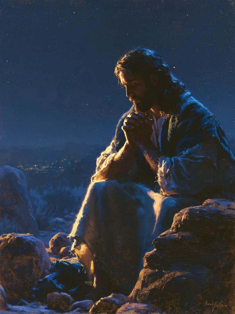 Jesus in the desert during the temptation in Midnight Blue Chiaroscuro style, portrait Christian artwork no. 34