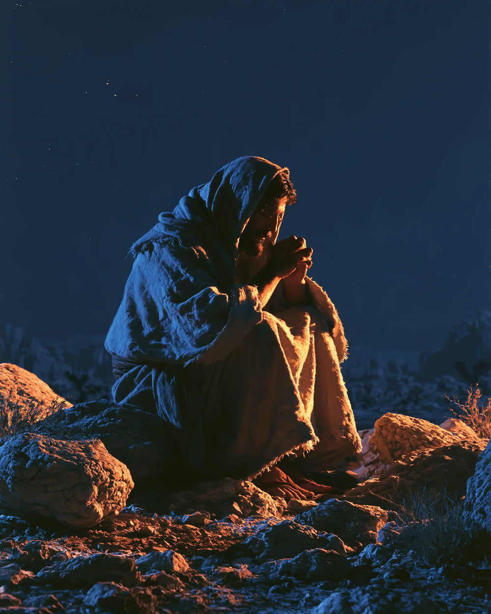 Jesus in the desert during the temptation in Midnight Blue Chiaroscuro style, portrait Christian artwork no. 37
