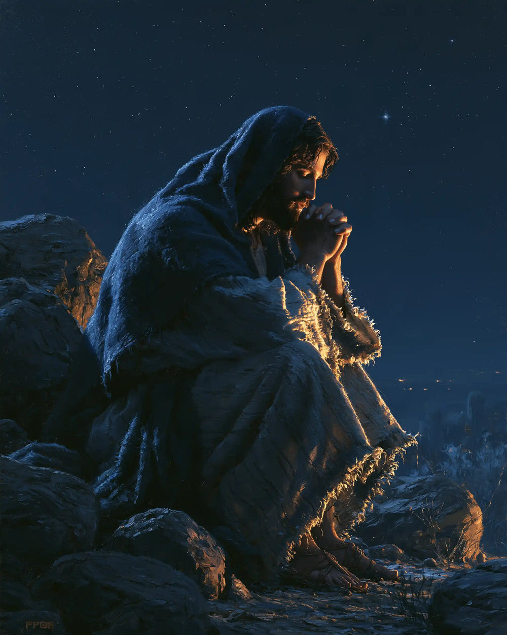 Jesus in the desert during the temptation in Midnight Blue Chiaroscuro style, portrait Christian artwork no. 39