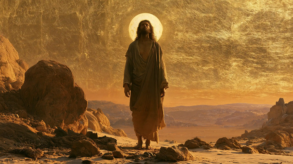Jesus in the desert during the temptation in Sacred Gold style, landscape Christian artwork no. 13