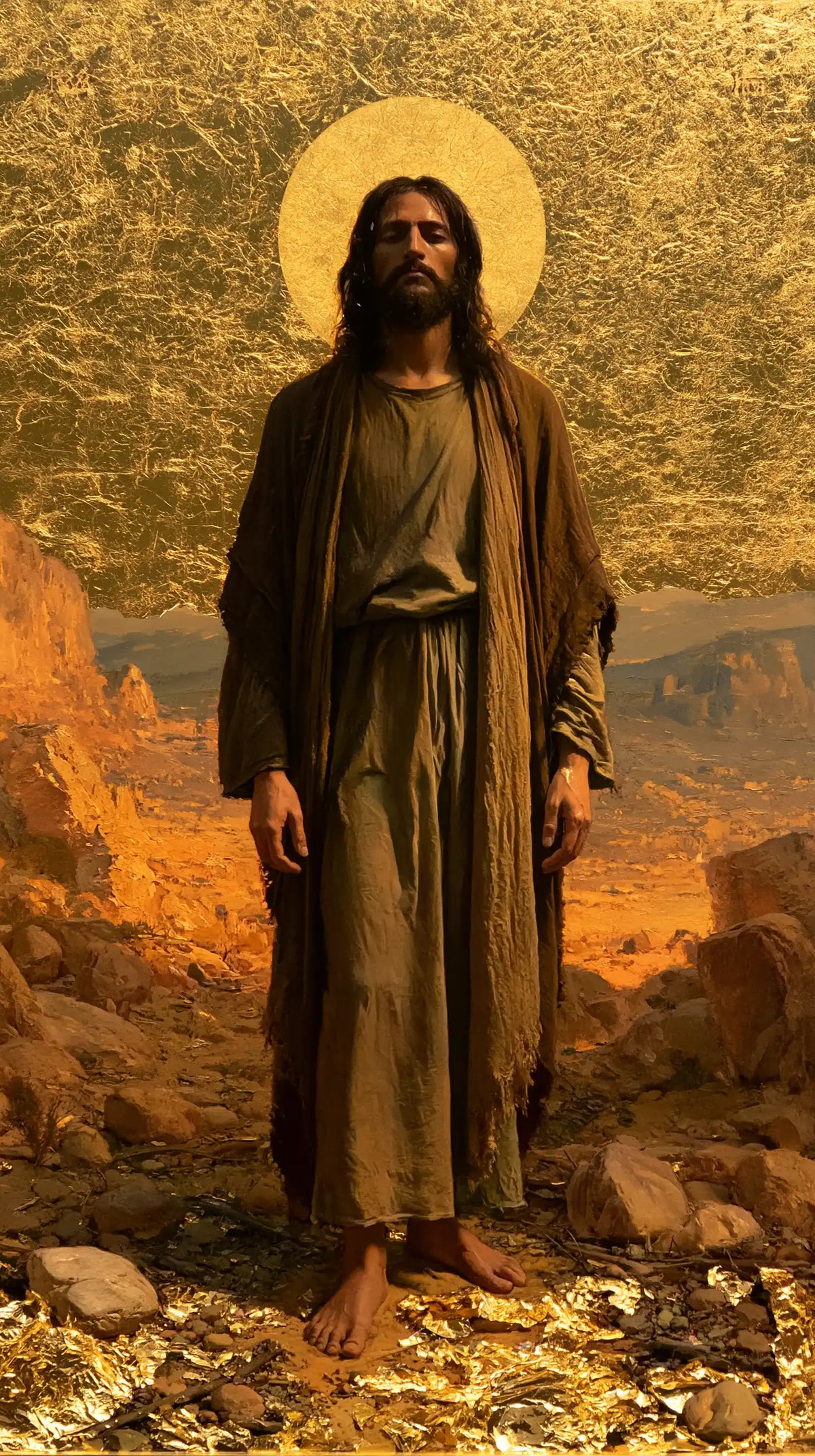 Jesus in the desert during the temptation in Sacred Gold style, portrait Christian artwork no. 13