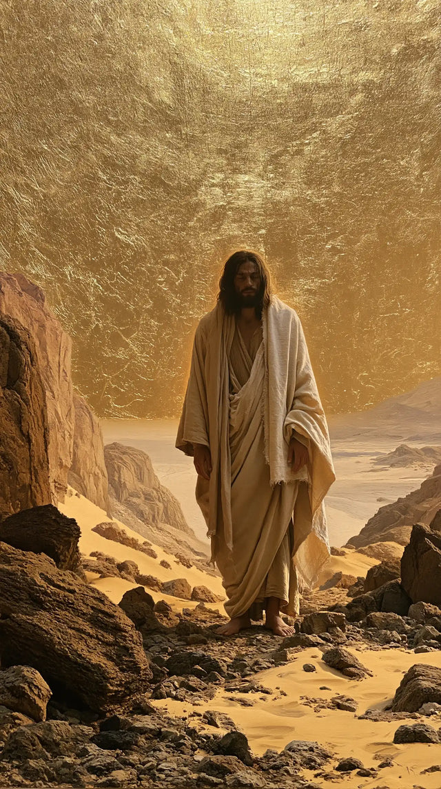 Jesus in the Desert — Pale Linen beneath the Hammered Sky