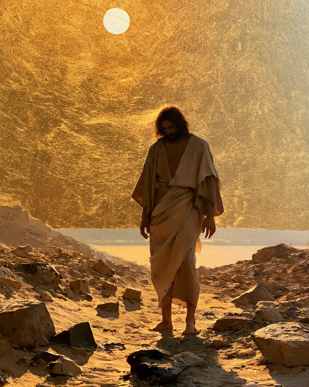 Jesus in the desert during the temptation in Sacred Gold style, portrait Christian artwork no. 26