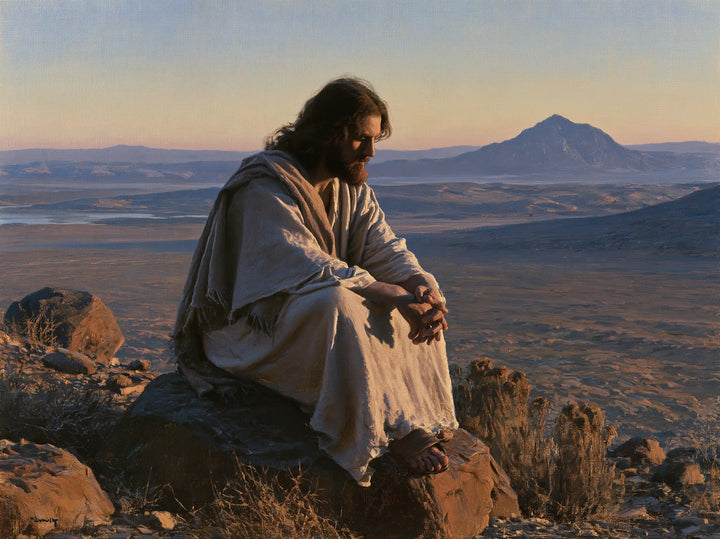 Jesus in the Desert — Hands at Rest before the Blue Peak