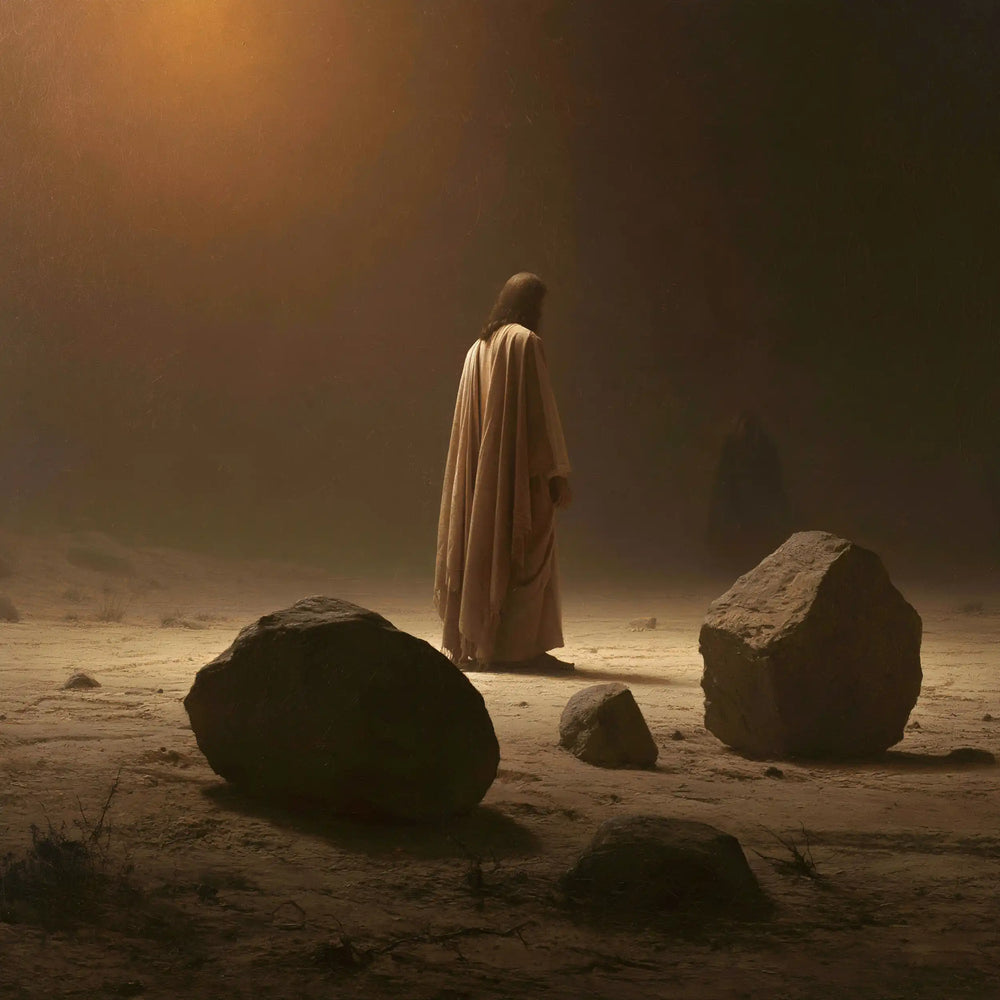 Jesus facing the temptation to turn stones into bread in The Stones of Temptation style, square Christian artwork no. 2