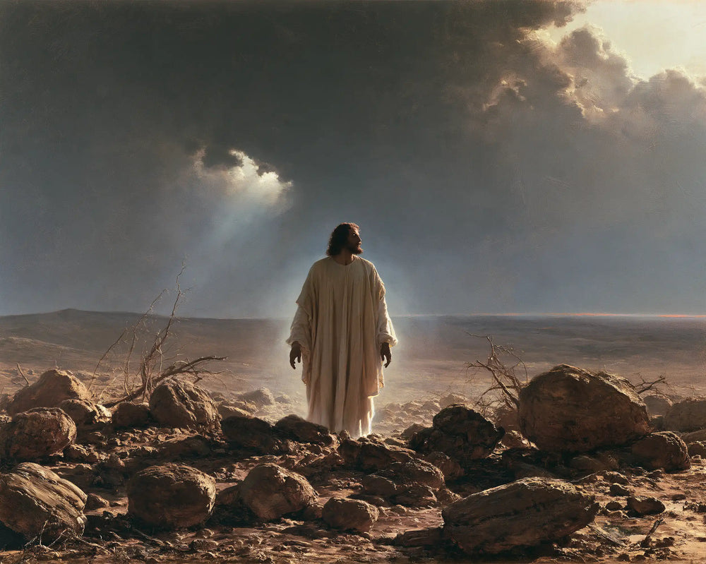 Jesus in the desert during the temptation in Symbolist style, landscape Christian artwork no. 7