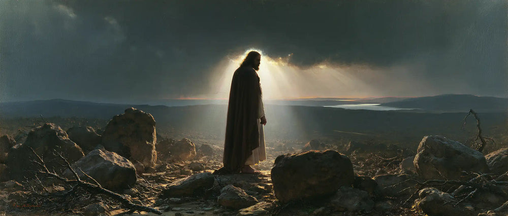 Jesus in the desert during the temptation in Symbolist style, landscape Christian artwork no. 25