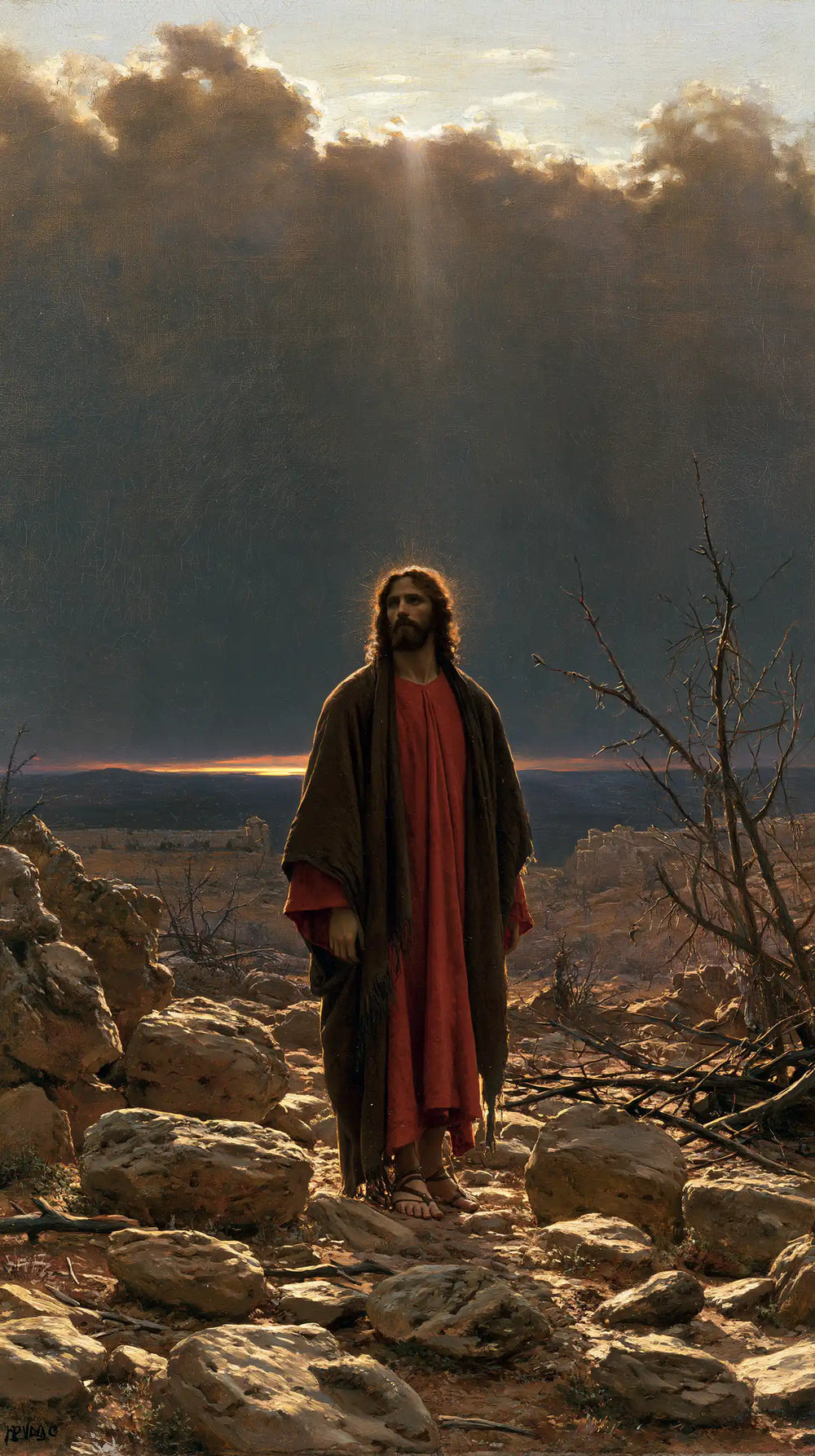 Jesus in the desert during the temptation in Symbolist style, portrait Christian artwork no. 8