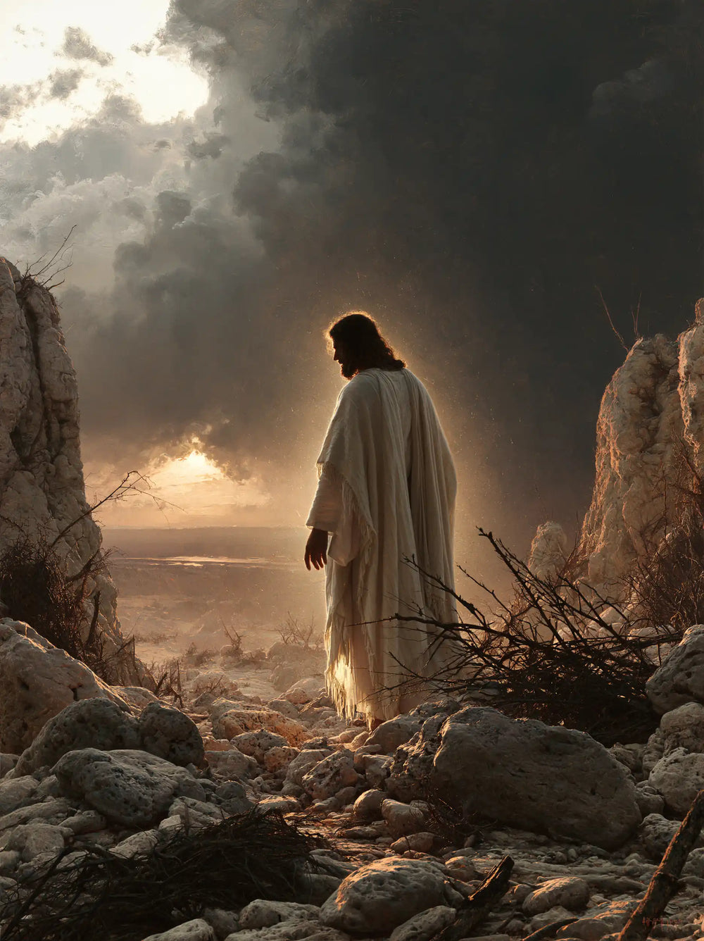 Jesus in the desert during the temptation in Symbolist style, portrait Christian artwork no. 26