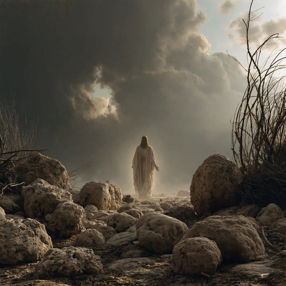 Jesus in the desert during the temptation in Symbolist style, square Christian artwork no. 2