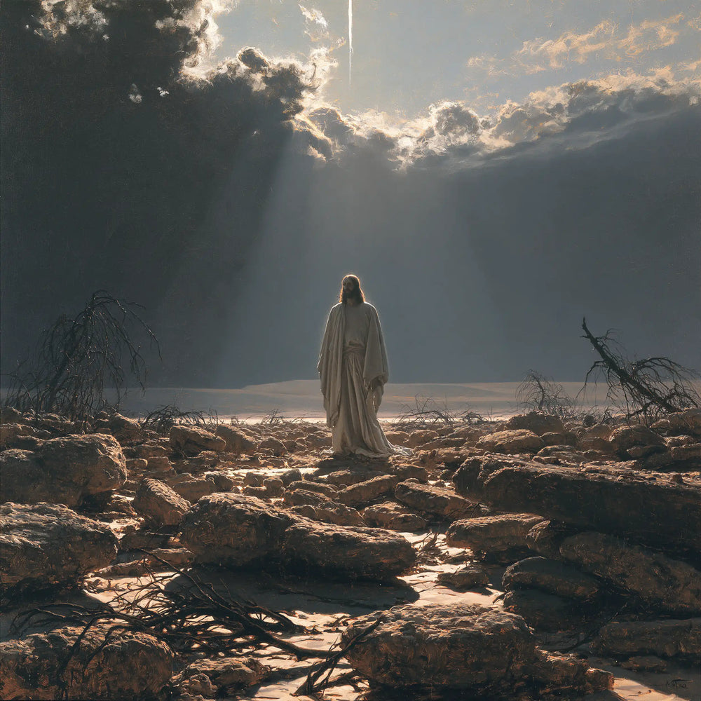 Jesus in the desert during the temptation in Symbolist style, square Christian artwork no. 4