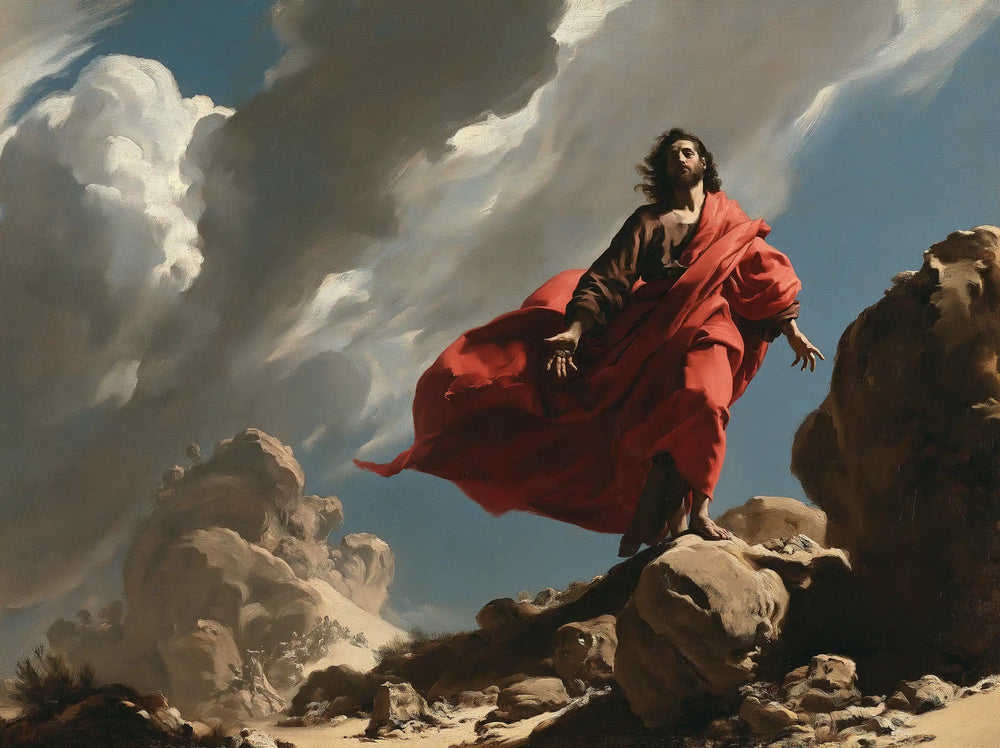 Jesus in the desert during the temptation in Theatrical Baroque style, landscape Christian artwork no. 10