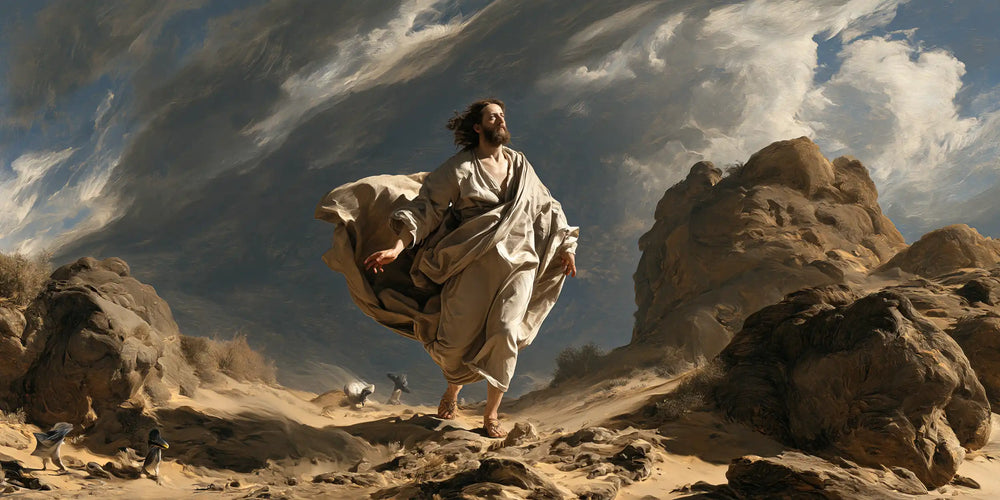 Jesus in the desert during the temptation in Theatrical Baroque style, landscape Christian artwork no. 21