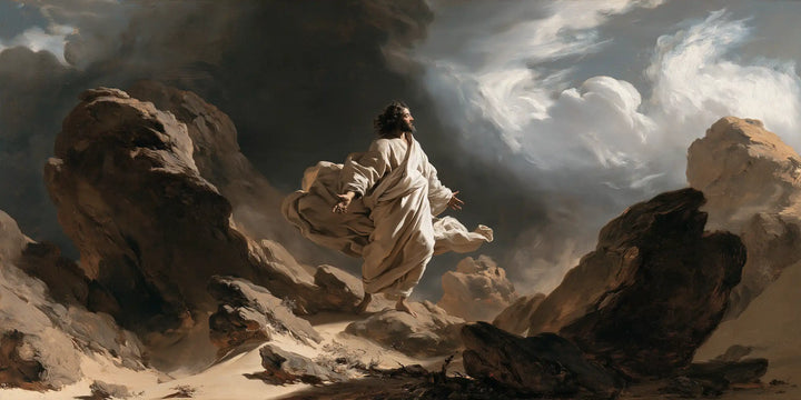 Jesus in the Desert — The Pale Crossing between the Shadowed Boulders