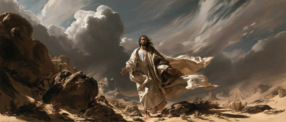 Jesus in the desert during the temptation in Theatrical Baroque style, landscape Christian artwork no. 26