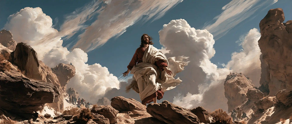 Jesus in the desert during the temptation in Theatrical Baroque style, landscape Christian artwork no. 28